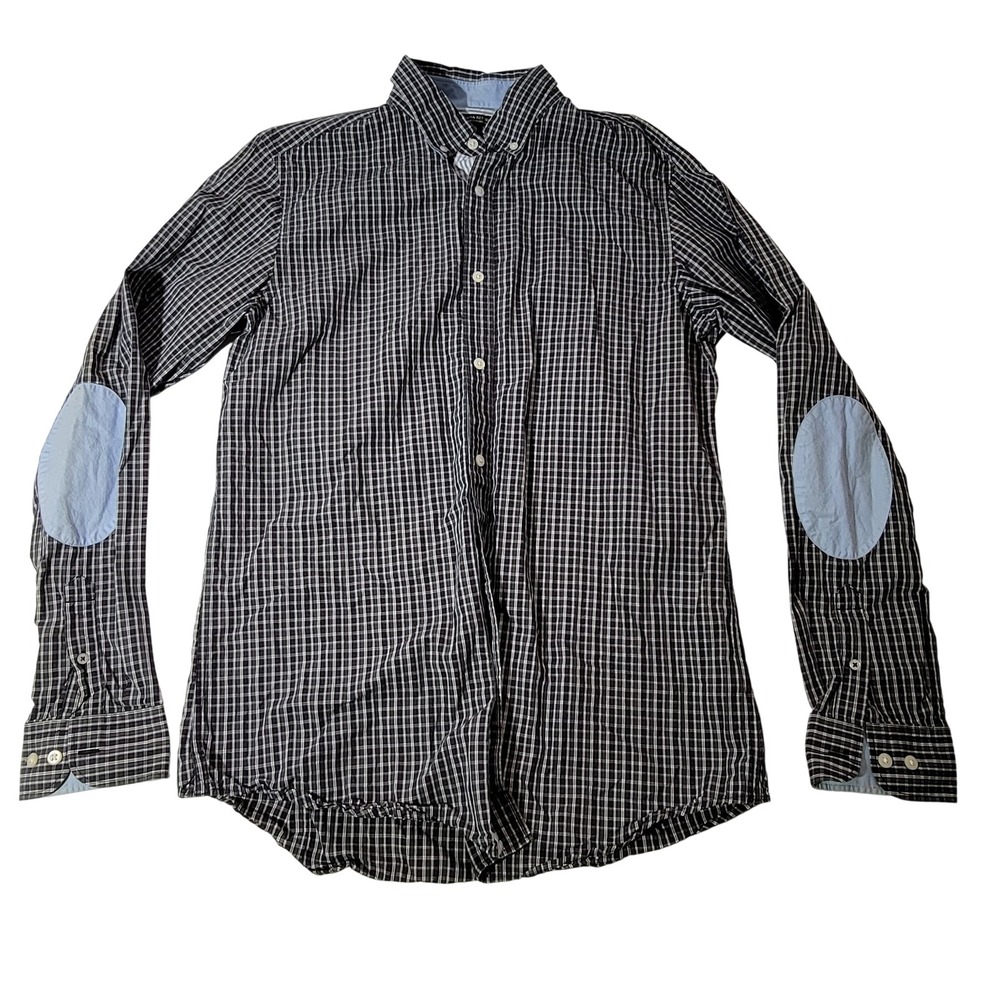 Banana Republic Mens Black Gingham Check Elbow Patch Slim Fit Shirt Large Tall
